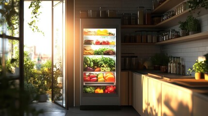 A glowing smart refrigerator screen displaying meal suggestions, syncing with pantry sensors, surrounded by bright natural light