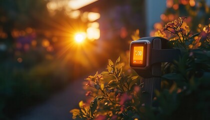 A glowing wearable device syncing with a smart home system in a sunny garden, displaying notifications about indoor conditions