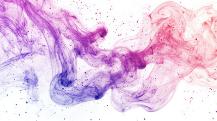 Fototapeta premium Abstract fluid motion of magenta, purple, and light pink ink swirls bursting with dynamic speckles and gradients, perfectly cut-out on a crisp white background, no shadows, high emphasis on fluid shap