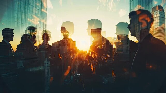 Silhouettes of Success: A group of business professionals stand silhouetted against a stunning cityscape backdrop, bathed in the warm glow of a setting sun. The image evokes a sense of ambition.
