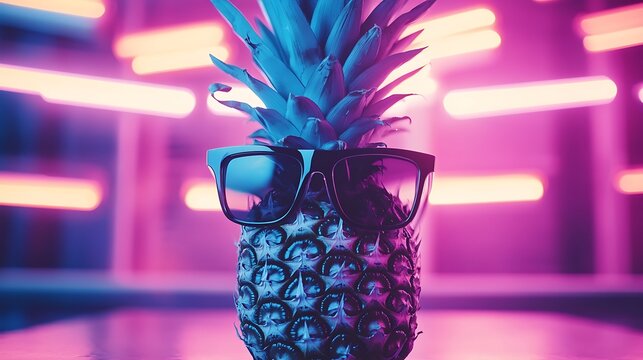 Pineapple Wearing Sunglasses Neon Lights Background - Powered by Adobe