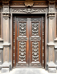 Traditional balinese handmade carved wooden door. Bali style furniture with ornament details. Old and vintage local style of architecture in Bali. Handmade details, one line art, with white tones