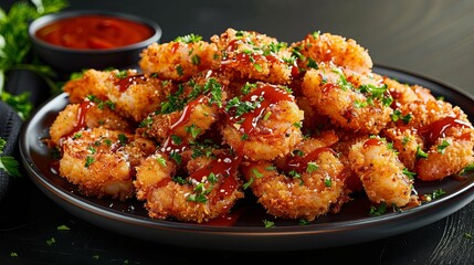 Fototapeta premium Crispy Breaded Shrimp with Spicy Sweet Sauce and Parsley Garnish