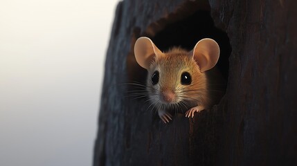 Mouse peeking out of a hole, closeup of wildlife, cute rodent, macro photography