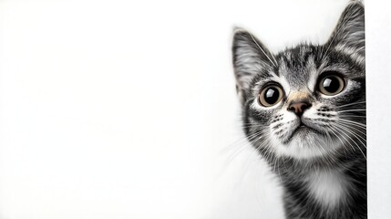 Obraz premium A curious cat peeks out from around the corner on a white background. Advertising banner mockup for a pet store or veterinary clinic