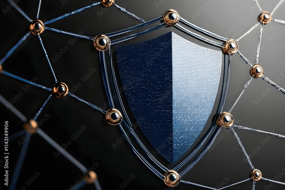 Poster digital shield with network connections, representing cybersecurity protection and data safety in a 