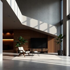 Luxury living room interior with armchair plant and concrete wall wood concrete design wood design concrete architecture wall floor modern