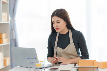 Small Business Owner at Work: An image of a young woman working on her laptop, surrounded by boxes and a shopping cart.