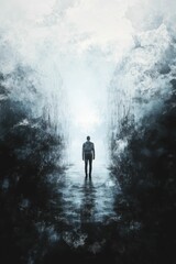 Obraz premium Solitary figure walks toward light between dark, textured walls.