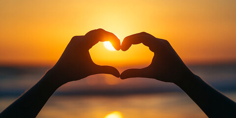 Hands make a heart shape against a sunset at the beach creating a romantic atmosphere. Valentines Day