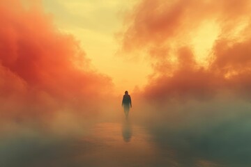 Fototapeta premium Solitary figure walks misty, orange-hued landscape.