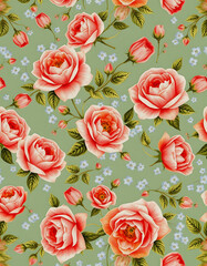 pink and orange  Shabby chic vintage roses, tulips and forget-me-nots vintage seamless pattern, classic chintz floral repeat background for web and print, angled photoshot, with white tones