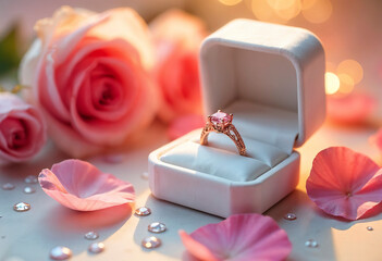 wedding rings on a white velvet box. close up rings with diamonds for engagement. AI Generated	