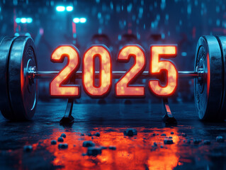 2025 Happy New Year in fitness bodybuilding workout gym. Number 2025 with barbell and oter spoirt equipment.