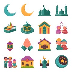 set of vibrant 2D vector icons illustrating Arab culture and folklore items and decorations