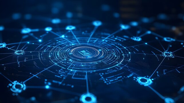  Futuristic AI circuit board background with connected blue lines, showcasing digital technology elements like a computer chip and processor
