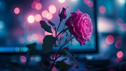 Captivating close-up of a pink rose set against a dreamy background of soft bokeh lights in shades of blue and purple. Evokes romance and serenity. AI generated.
