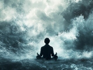 Obraz premium Person meditates amidst turbulent, dark waters.