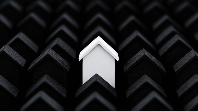 A white 3D house surrounded by homogeneous black 3D houses symbolizing uniqueness and difference. The concept of individuality in a homogeneous environment, emphasizing difference and exclusivity.