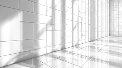 Obraz premium A bright, minimalist interior featuring white tiled walls and reflective flooring, creating a serene and spacious atmosphere.