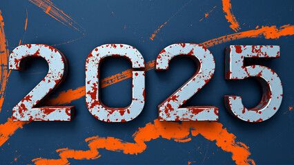 Numerical representation of the year 2025 creatively designed with a blue background and orange elements