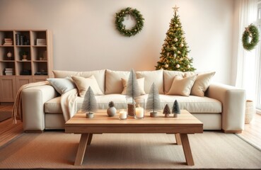 Modern living room decor featuring tidy space with minimalist holiday cheer. Beige sofa, wooden coffee table with small Christmas trees, candles. Small Christmas tree, wreath displayed on wall. Room