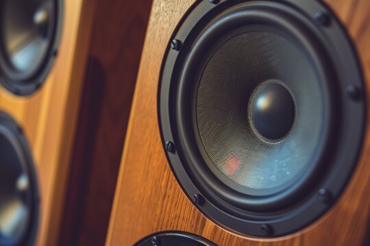 Powerful loudspeaker in a wooden case is vibrating with sound waves