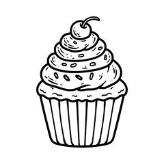 big cupcake with cherry and sprinkle isolated drawing line art style sketch classic vintage design illustration