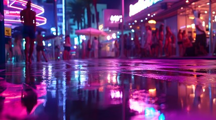 A vibrant Miami Beach nightlife scene with neon lights reflecting on wet streets music playing and energetic summer crowds.