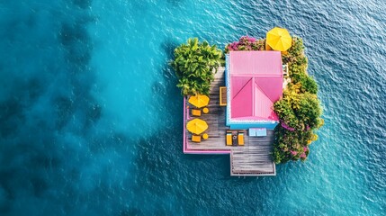 A vibrant ocean villa painted in pastel colors featuring tropical gardens on a floating platform surrounded by blue waters.
