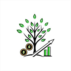 "Dynamic Finance Logo with Stylized Tree, Coin Leaves, and Upward Graph Roots | Green & Gold Design"
