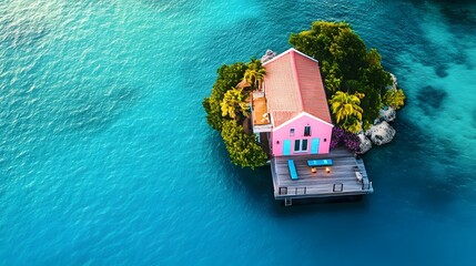 A vibrant ocean villa painted in pastel colors featuring tropical gardens on a floating platform surrounded by blue waters.