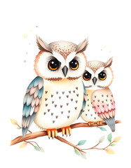 Watercolor cute boho owls. Watercolor owl. Watercolor forest baby animal print, one line art, with white tones