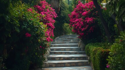 A villa in the Hollywood Hills surrounded by blooming bougainvillea with stone pathways leading to hidden garden nooks.