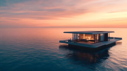 A villa floating on the ocean with a glass-walled bedroom offering uninterrupted views of the endless horizon.