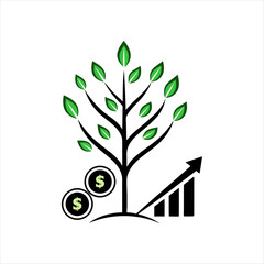 "Dynamic Finance Logo with Stylized Tree, Coin Leaves, and Upward Graph Roots | Green & Gold Design"