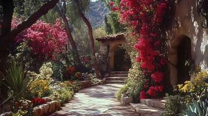 A villa in the Hollywood Hills surrounded by blooming bougainvillea with stone pathways leading to hidden garden nooks.
