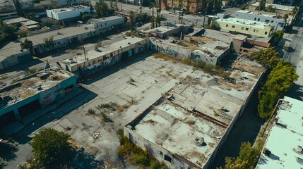 A wide aerial shot of a sprawling LA ghetto with worn-down apartment buildings alleys and overgrown vacant lots.