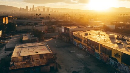 A wide drone shot of a LA ghetto during sunrise showcasing golden light reflecting off the rooftops and graffiti-covered walls.
