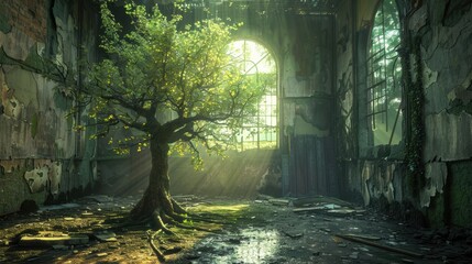 Fototapeta premium A solitary tree thrives amidst the remains of an abandoned building, where sunlight streams through broken windows, creating a stunning interplay of light and nature