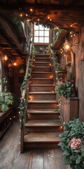 Fototapeta premium Wooden staircase adorned with plants and lights leading to a cozy loft in a rustic setting