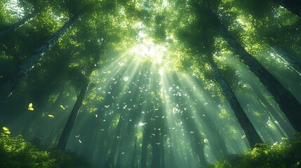 Obraz premium Sunbeams illuminate lush green forest canopy with floating particles.