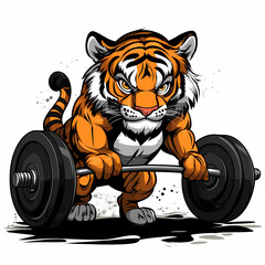 Cartoon Tiger Deadlifting a Barbell: Comic Art on White Background