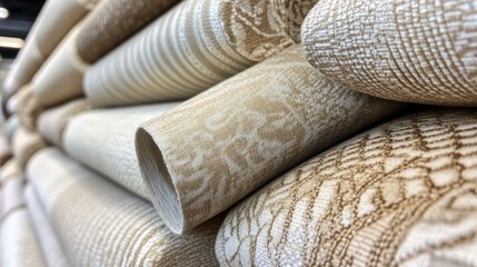 A close-up view of rolled wallpaper in soft beige tones, showcasing intricate patterns and textures.