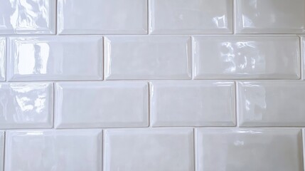 A close-up view of shiny white subway tiles arranged in a rectangular pattern, often used for walls in kitchens or bathrooms.