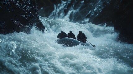 Four adventurers white-water rafting down a roaring river in New Zealand battling fierce rapids.