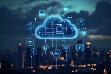 Obraz premium Digital illustration of a cloud computing network with a city background, a technology concept Digital illustration of digital icons connected to the urban landscape in blue tones Generative AI