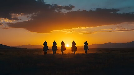 Four teammates riding camels across the vast Sahara Desert silhouetted against a glowing sunset.