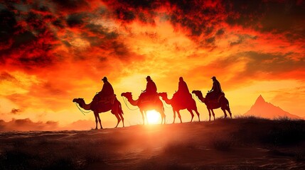 Four teammates riding camels across the vast Sahara Desert silhouetted against a glowing sunset.