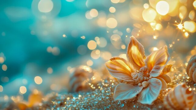 A unique flower-shaped sea shell sits on a sparkling seashore, surrounded by light reflections, evoking a sense of beauty, creativity, and oceanic wonder.
